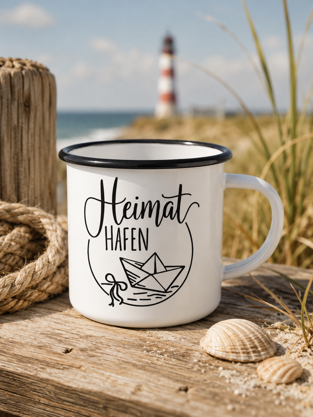 Emaille-Becher „Heimathafen“ – Robuste Tasse für Küstenkinder