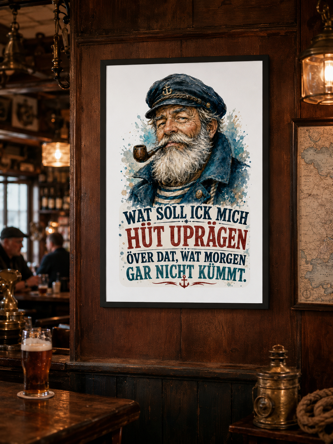 Wat soll ick mich hüt uprägen – gerahmtes Bild mit Küstenhumor