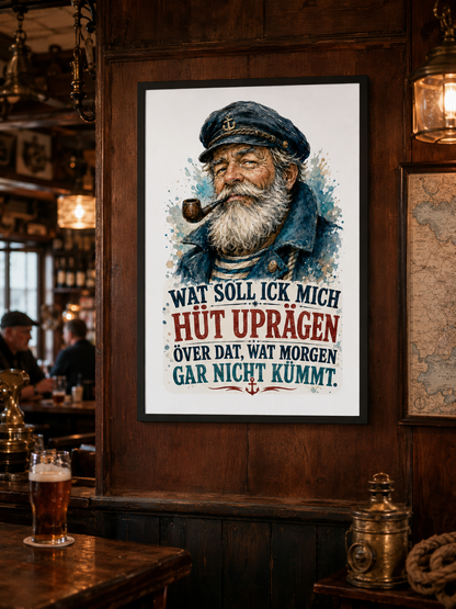 Wat soll ick mich hüt uprägen – gerahmtes Bild mit Küstenhumor
