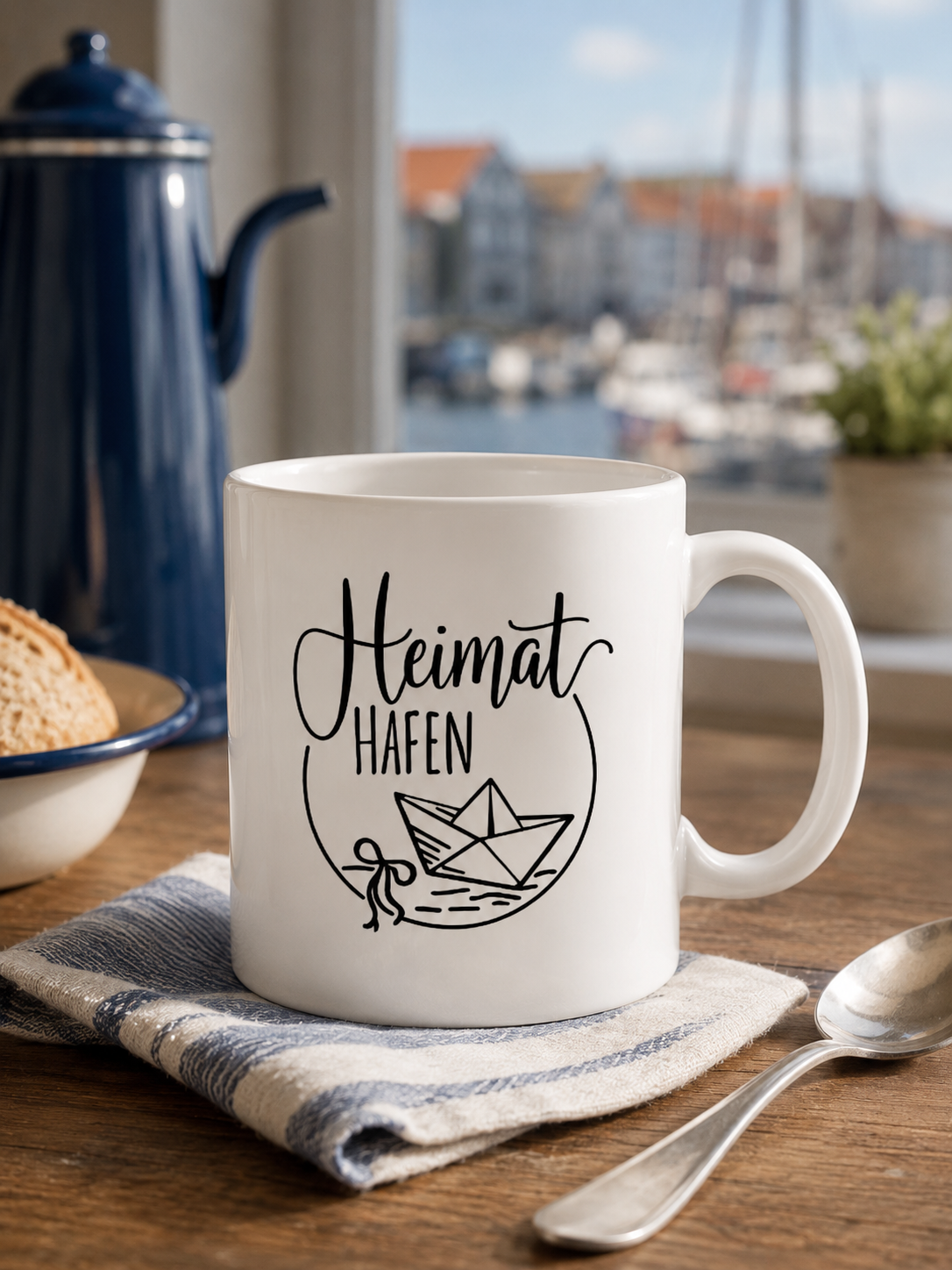 Keramiktasse „Heimathafen“ – Glänzendes Küstendesign