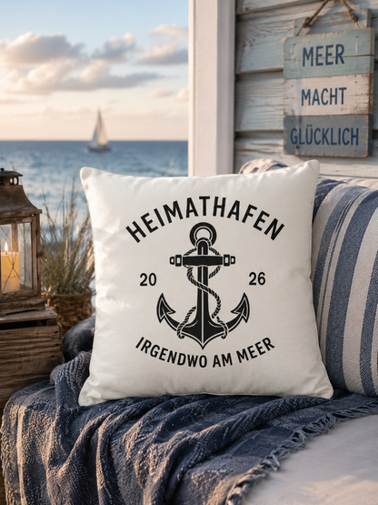 Dekokissen Heimathafen mit Anker – Maritime Deko für Wohnräume