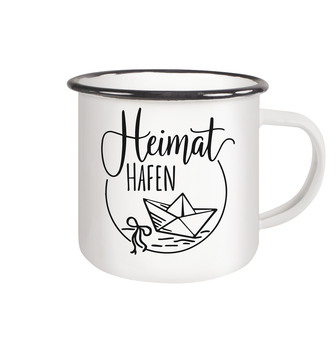 Emaille-Becher „Heimathafen“ – Robuste Tasse für Küstenkinder