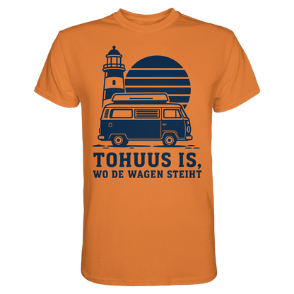 Tohuus is wo de Wagen steiht - tailliertes T-Shirt mit blauem Druck