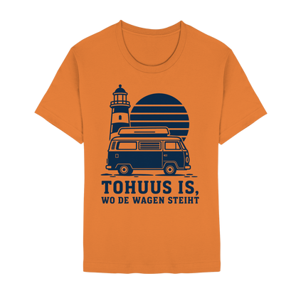Tohuus is wo de Wagen steiht - tailliertes T-Shirt mit blauem Druck