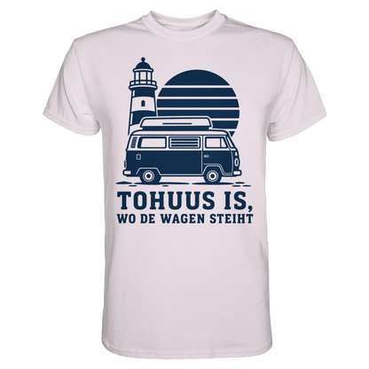 Tohuus is wo de Wagen steiht - tailliertes T-Shirt mit blauem Druck