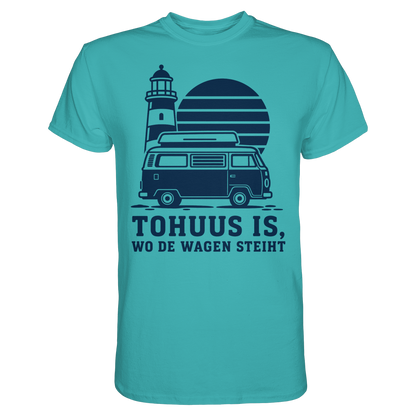 Tohuus is wo de Wagen steiht - tailliertes T-Shirt mit blauem Druck