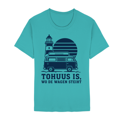 Tohuus is wo de Wagen steiht - tailliertes T-Shirt mit blauem Druck