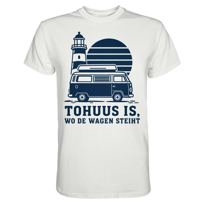 Tohuus is wo de Wagen steiht - tailliertes T-Shirt mit blauem Druck