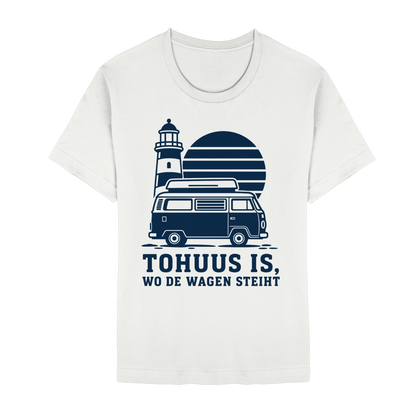 Tohuus is wo de Wagen steiht - tailliertes T-Shirt mit blauem Druck