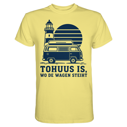 Tohuus is wo de Wagen steiht - tailliertes T-Shirt mit blauem Druck