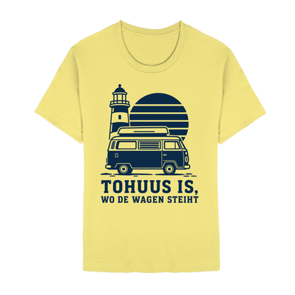 Tohuus is wo de Wagen steiht - tailliertes T-Shirt mit blauem Druck